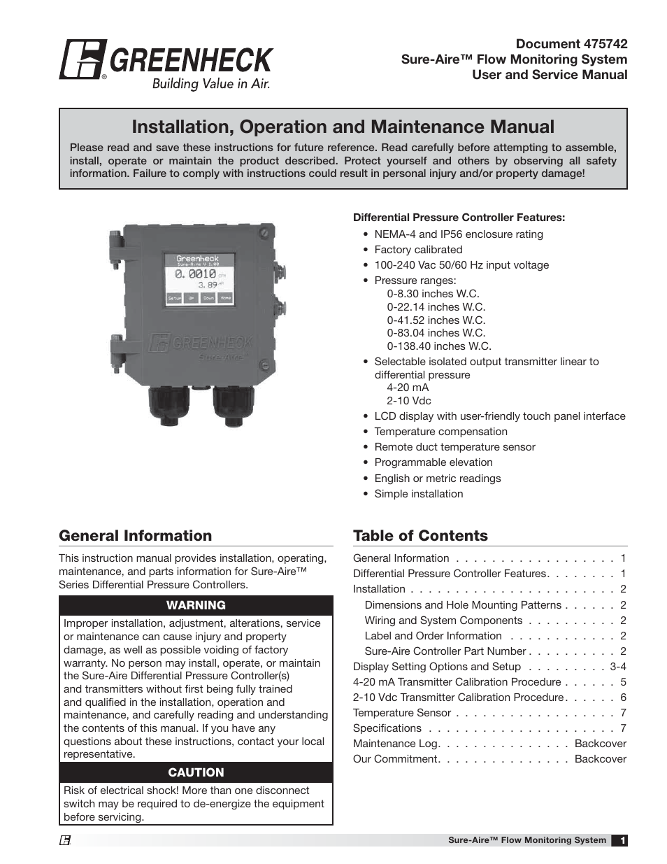Greenheck High Voltage (100-240 VAC) Sure-Aire Pressure Controller (475742) User Manual | 8 pages