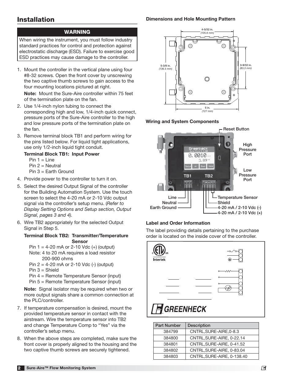 Installation, Warning | Greenheck High Voltage (100-240 VAC) Sure-Aire Pressure Controller (475742) User Manual | Page 2 / 8
