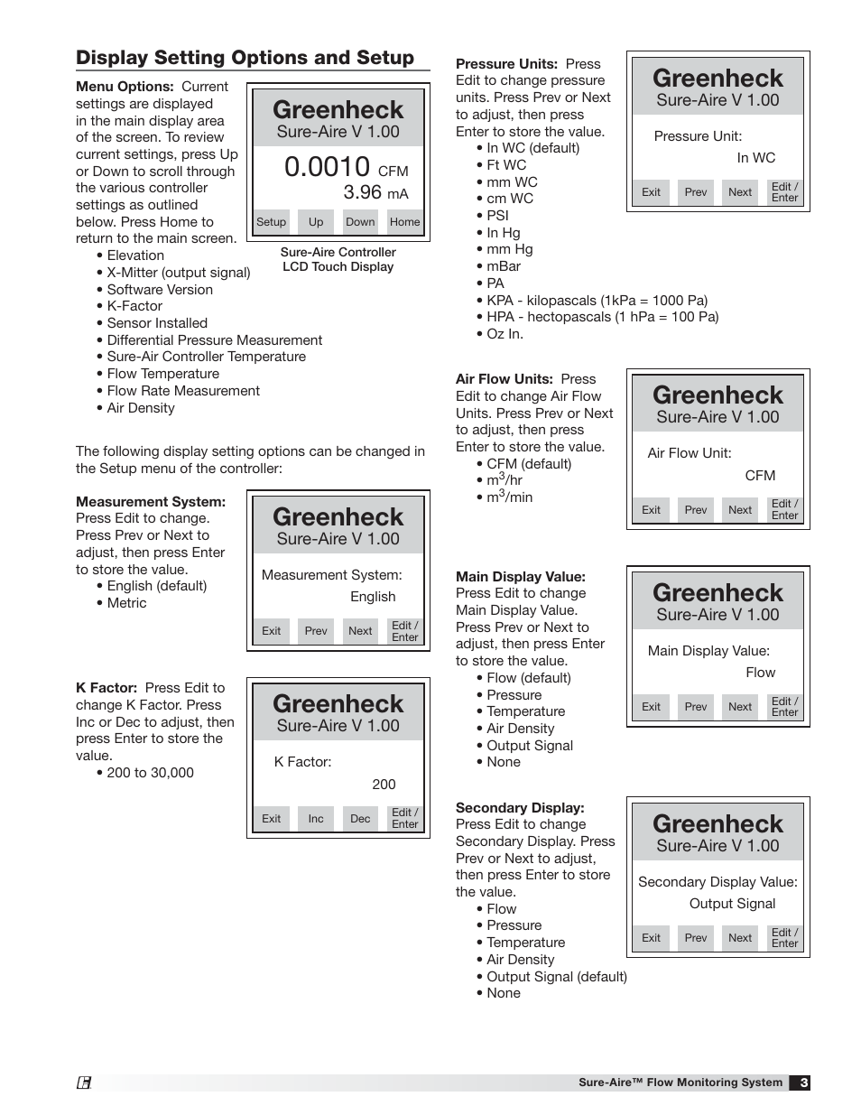 Greenheck, Display setting options and setup | Greenheck High Voltage (100-240 VAC) Sure-Aire Pressure Controller (475742) User Manual | Page 3 / 8