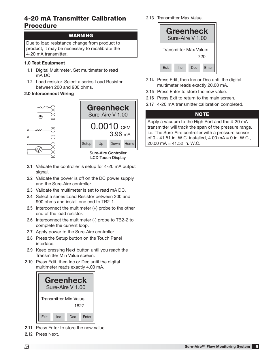 Greenheck, 20 ma transmitter calibration procedure, Sure-aire v 1.00 | Greenheck High Voltage (100-240 VAC) Sure-Aire Pressure Controller (475742) User Manual | Page 5 / 8