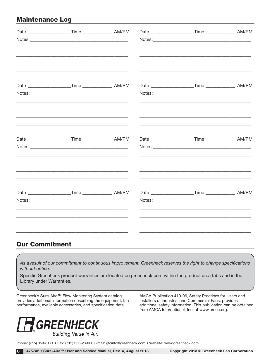 Maintenance log, Our commitment | Greenheck High Voltage (100-240 VAC) Sure-Aire Pressure Controller (475742) User Manual | Page 8 / 8