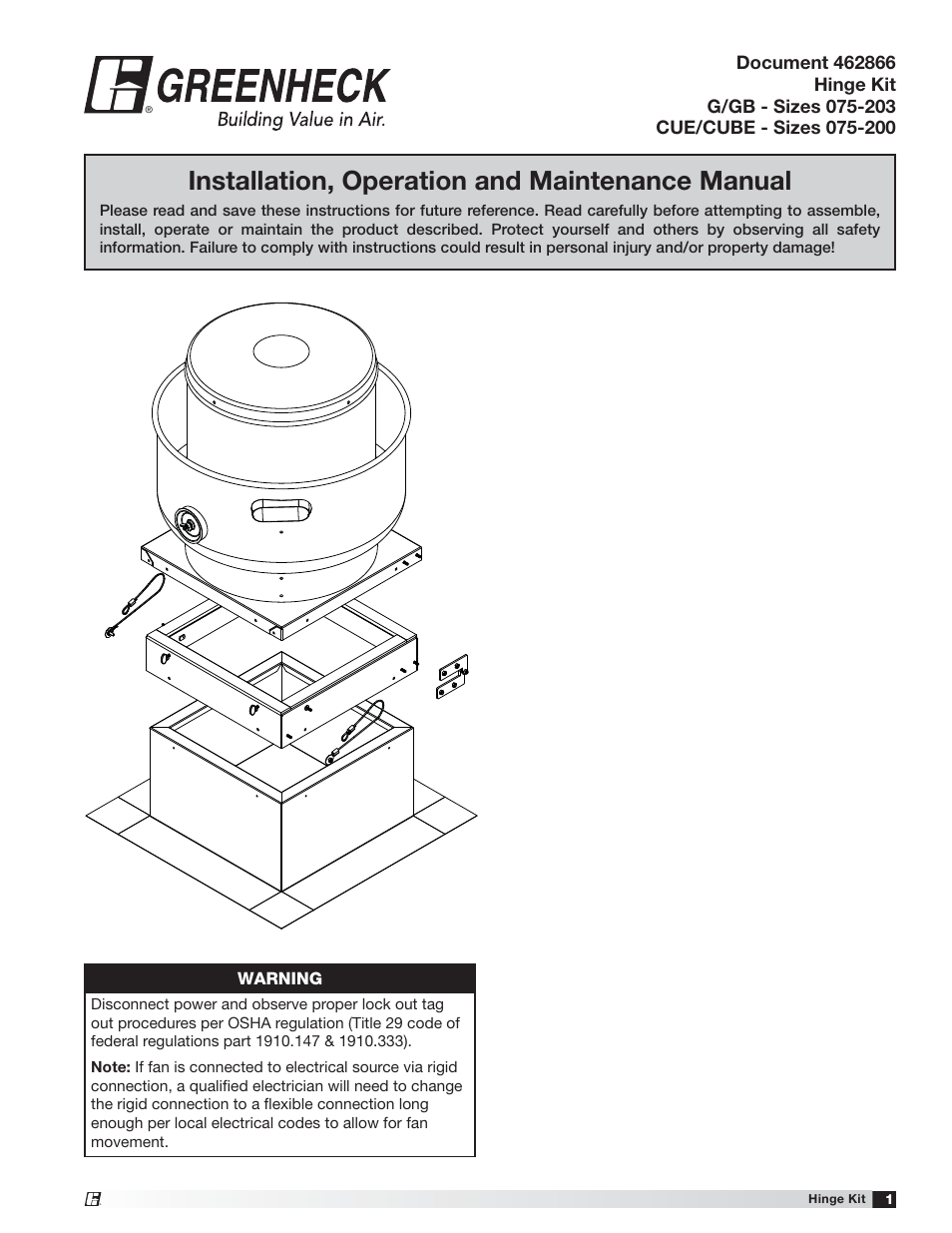 Greenheck Hinge Kit Sizes 075-203 (462866) User Manual | 4 pages