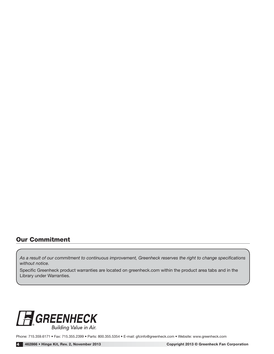 Our commitment | Greenheck Hinge Kit Sizes 075-203 (462866) User Manual | Page 4 / 4