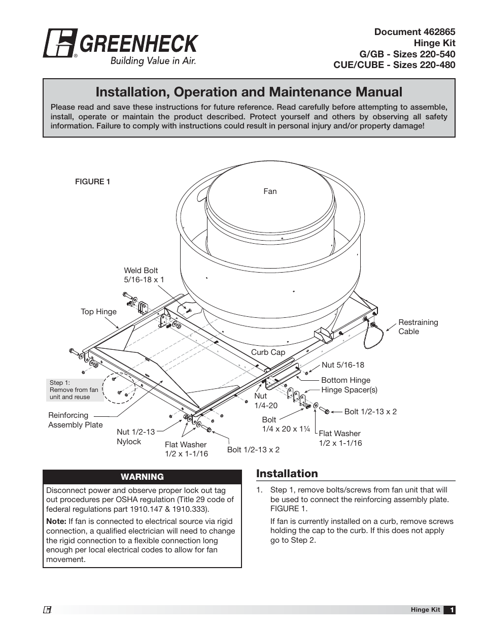 Greenheck Hinge Kit Sizes 220-540 (462865) User Manual | 4 pages