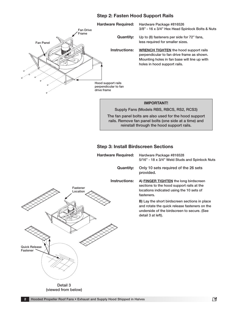 Step 2: fasten hood support rails | Greenheck Hooded Propeller Fans (463563) User Manual | Page 2 / 4