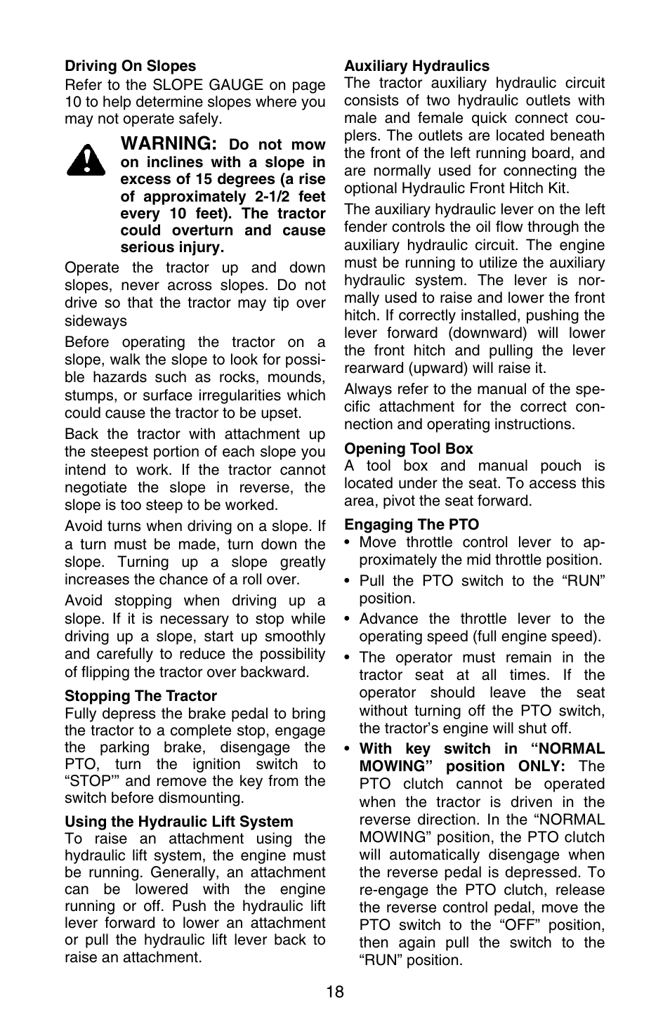 Warning | Cub Cadet SERIES 3000 GT 3200 User Manual | Page 18 / 44