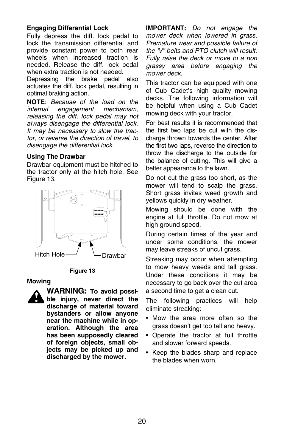 Warning | Cub Cadet SERIES 3000 GT 3200 User Manual | Page 20 / 44