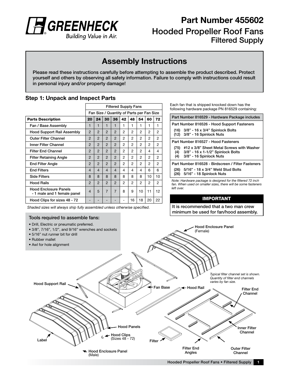 Greenheck Hooded Propeller Roof Fans Filtered Supply (455602) User Manual | 4 pages