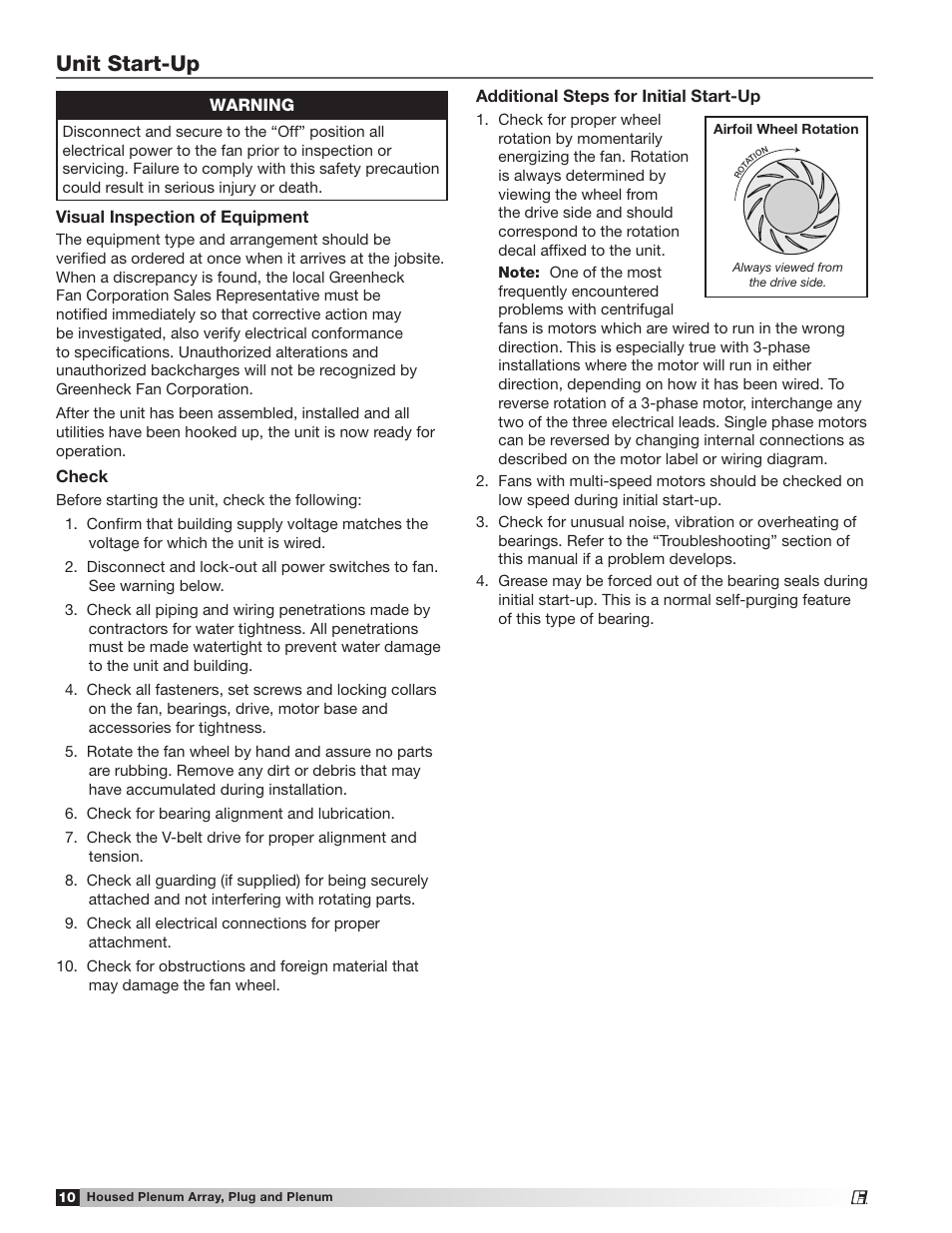 Unit start-up | Greenheck Housed Plenum Array , Plug and Plenum Fans (475405) User Manual | Page 10 / 16