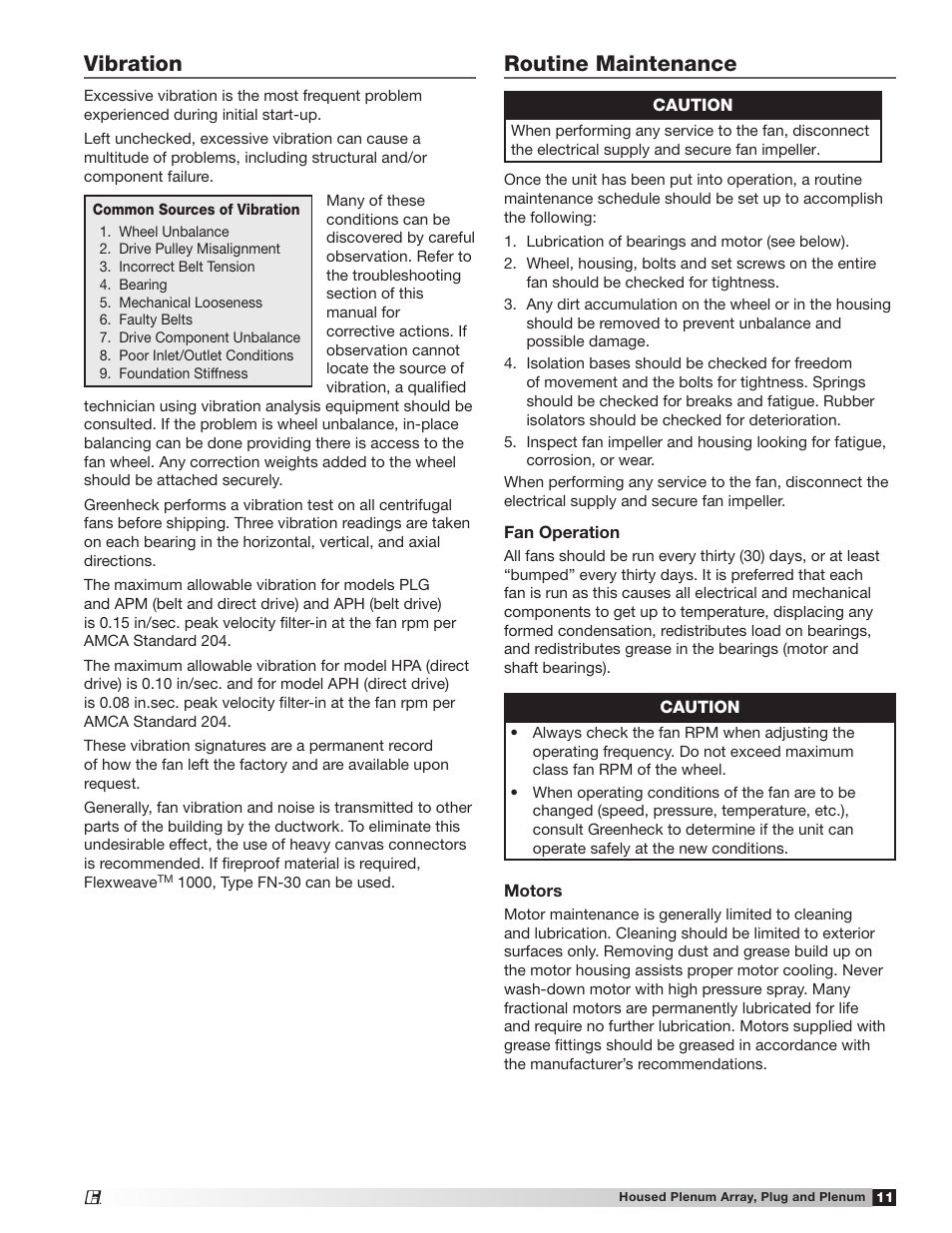 Vibration, Routine maintenance | Greenheck Housed Plenum Array , Plug and Plenum Fans (475405) User Manual | Page 11 / 16