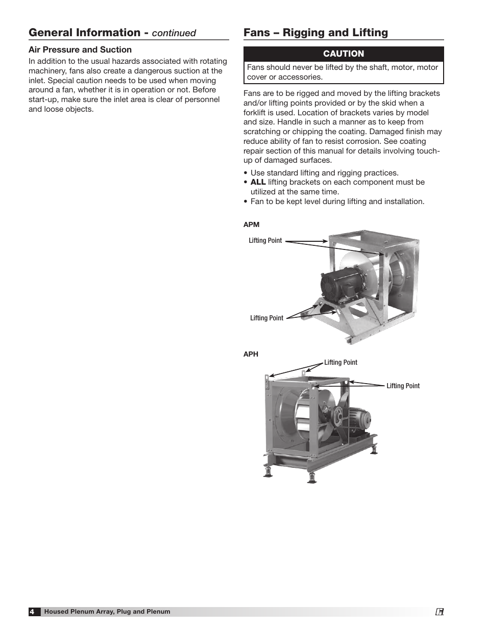 General information, Fans – rigging and lifting | Greenheck Housed Plenum Array , Plug and Plenum Fans (475405) User Manual | Page 4 / 16