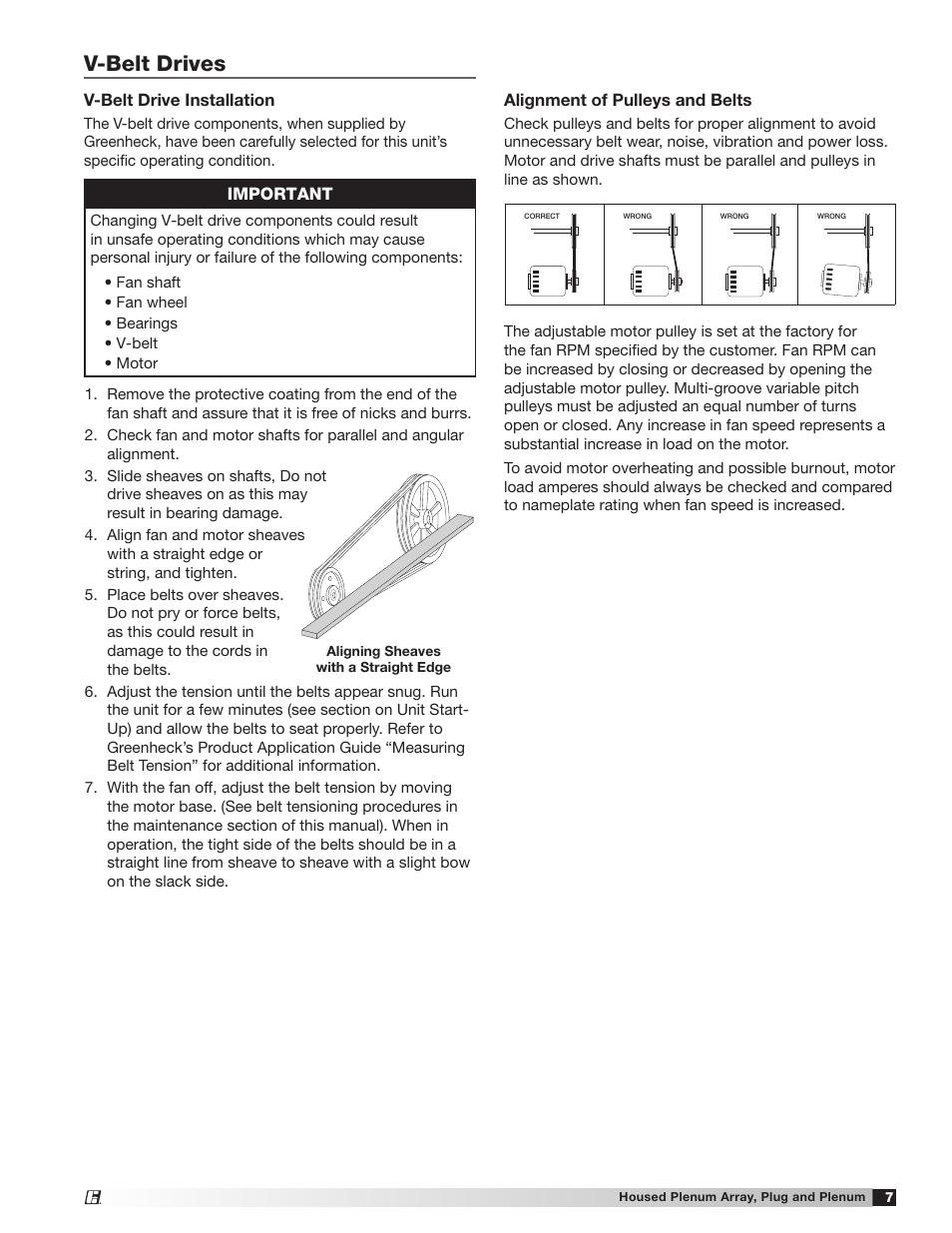 V-belt drives, V-belt drive installation, Important | Alignment of pulleys and belts | Greenheck Housed Plenum Array , Plug and Plenum Fans (475405) User Manual | Page 7 / 16