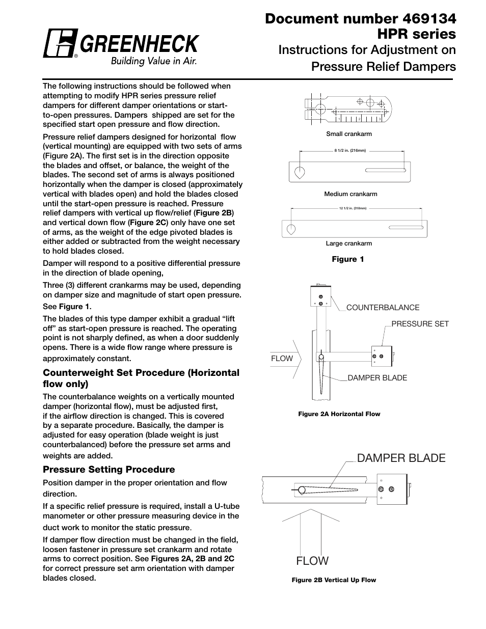 Greenheck HPR Series Adjustment on Pressure Relief Dampers (469134) User Manual | 2 pages