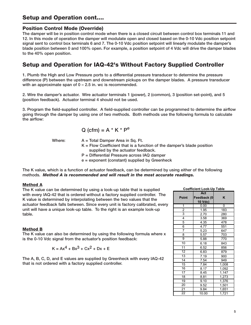 Setup and operation cont, Q (cfm) = a * k * p, Position control mode (override) | Greenheck IAQ-42 (467954) User Manual | Page 5 / 8
