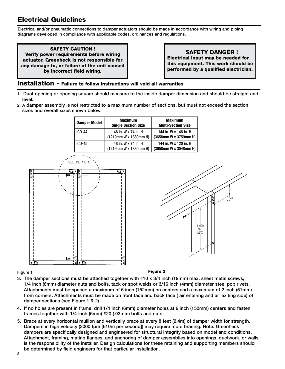 Electrical guidelines, Installation, Safety danger | Greenheck ICD Dampers (468333) User Manual | Page 2 / 4