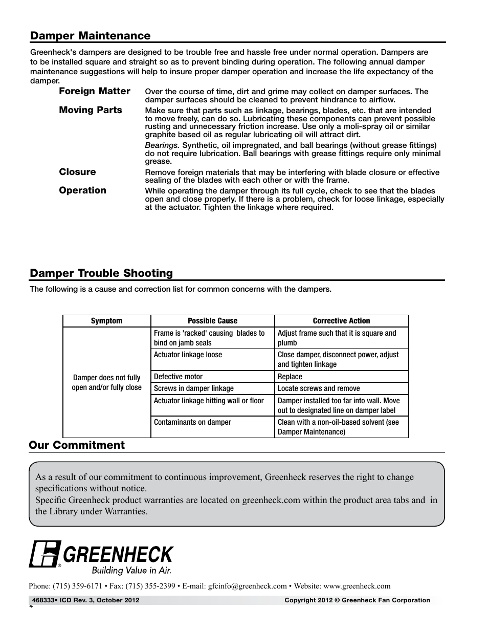 Damper trouble shooting, Damper maintenance, Our commitment | Greenheck ICD Dampers (468333) User Manual | Page 4 / 4