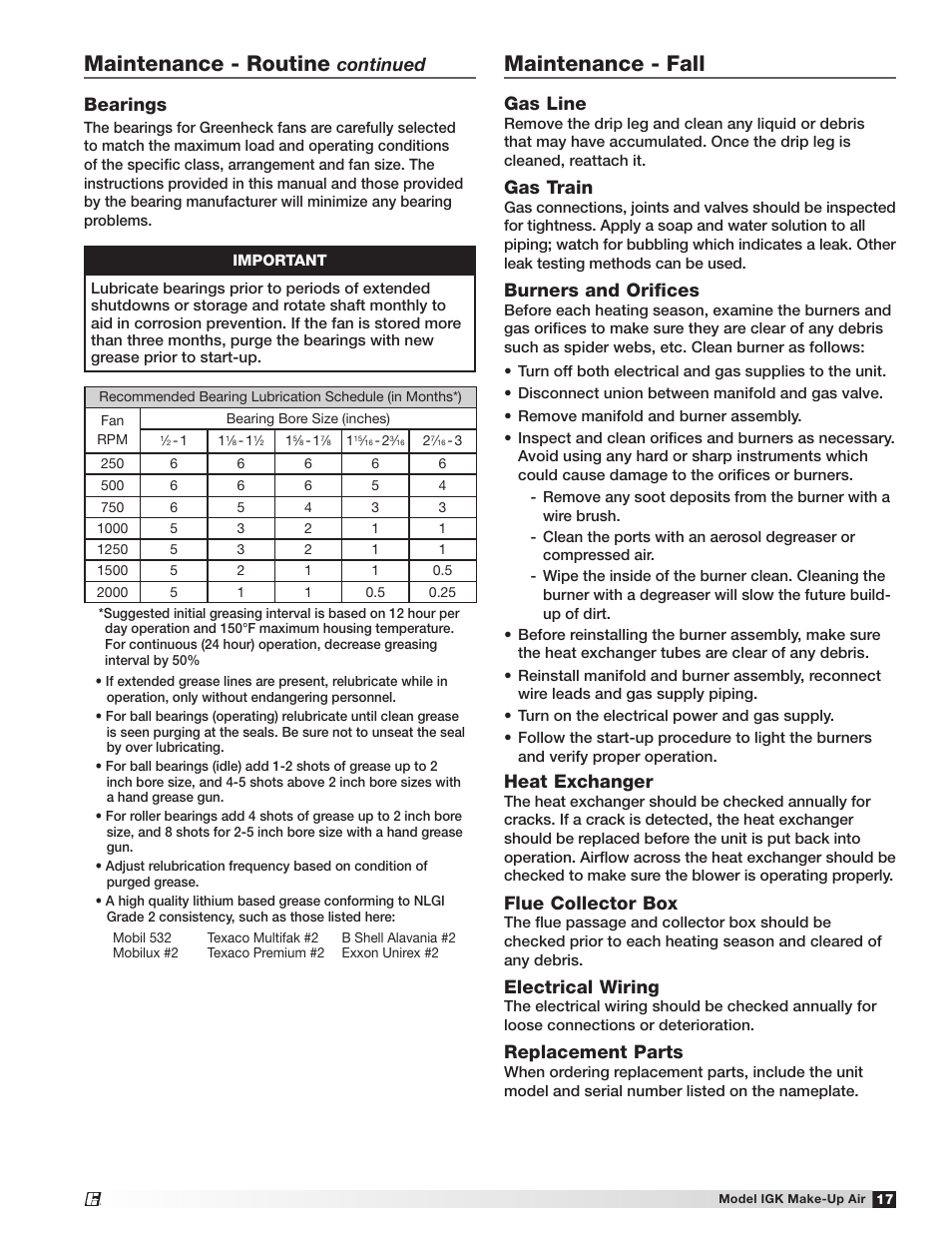 Maintenance - routine, Maintenance - fall, Bearings | Continued, Gas line, Gas train, Burners and orifices, Heat exchanger, Flue collector box, Electrical wiring | Greenheck IGK (472084) User Manual | Page 17 / 24