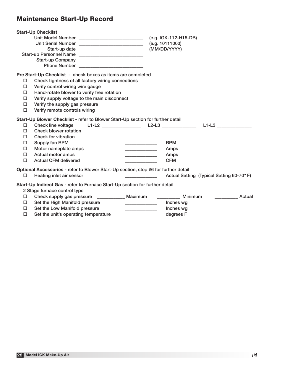 Maintenance start-up record | Greenheck IGK (472084) User Manual | Page 22 / 24