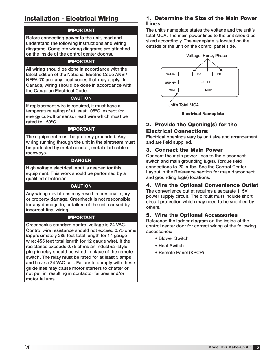 Installation - electrical wiring, Determine the size of the main power lines, Connect the main power | Wire the optional convenience outlet, Wire the optional accessories | Greenheck IGK (472084) User Manual | Page 5 / 24