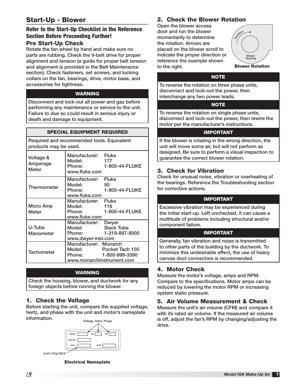 Start-up - blower, Check the voltage, Check the blower rotation | Motor check, Air volume measurement & check, Check for vibration | Greenheck IGK (472084) User Manual | Page 7 / 24