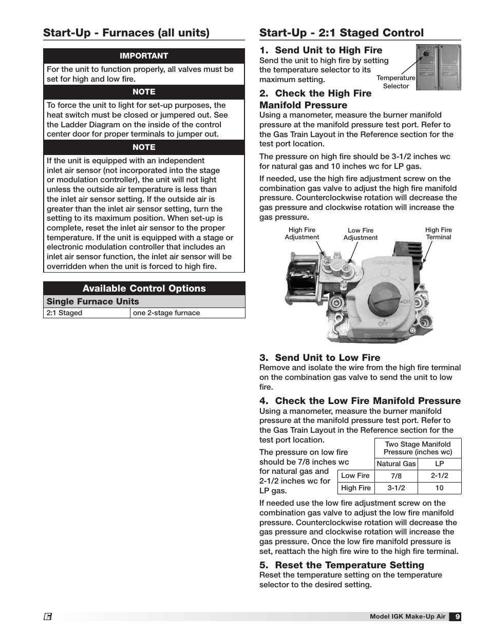 Start-up - furnaces (all units), Start-up - 2:1 staged control | Greenheck IGK (472084) User Manual | Page 9 / 24