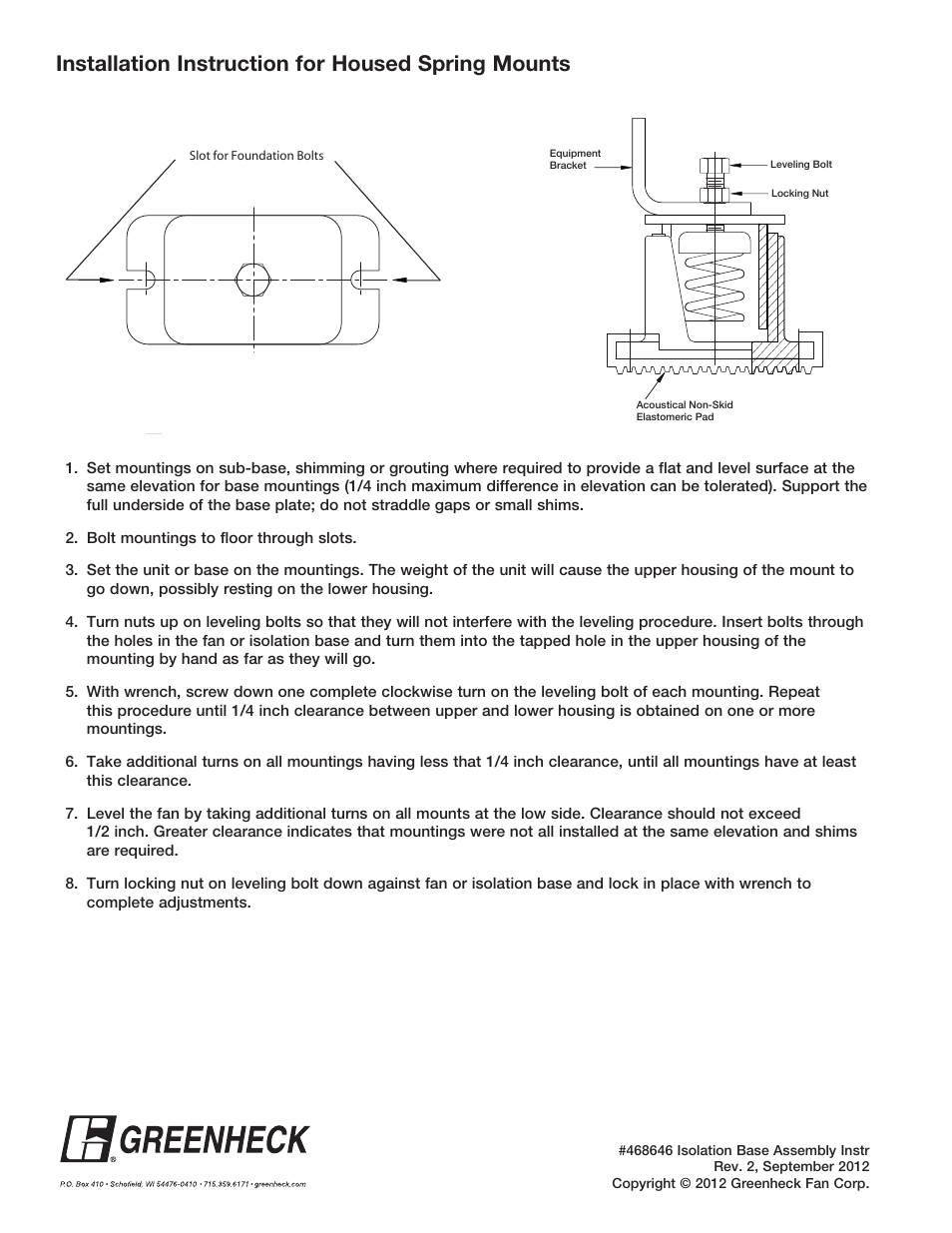 Installation instruction for housed spring mounts | Greenheck Isolation Assembly Instructions (468646) User Manual | Page 8 / 8