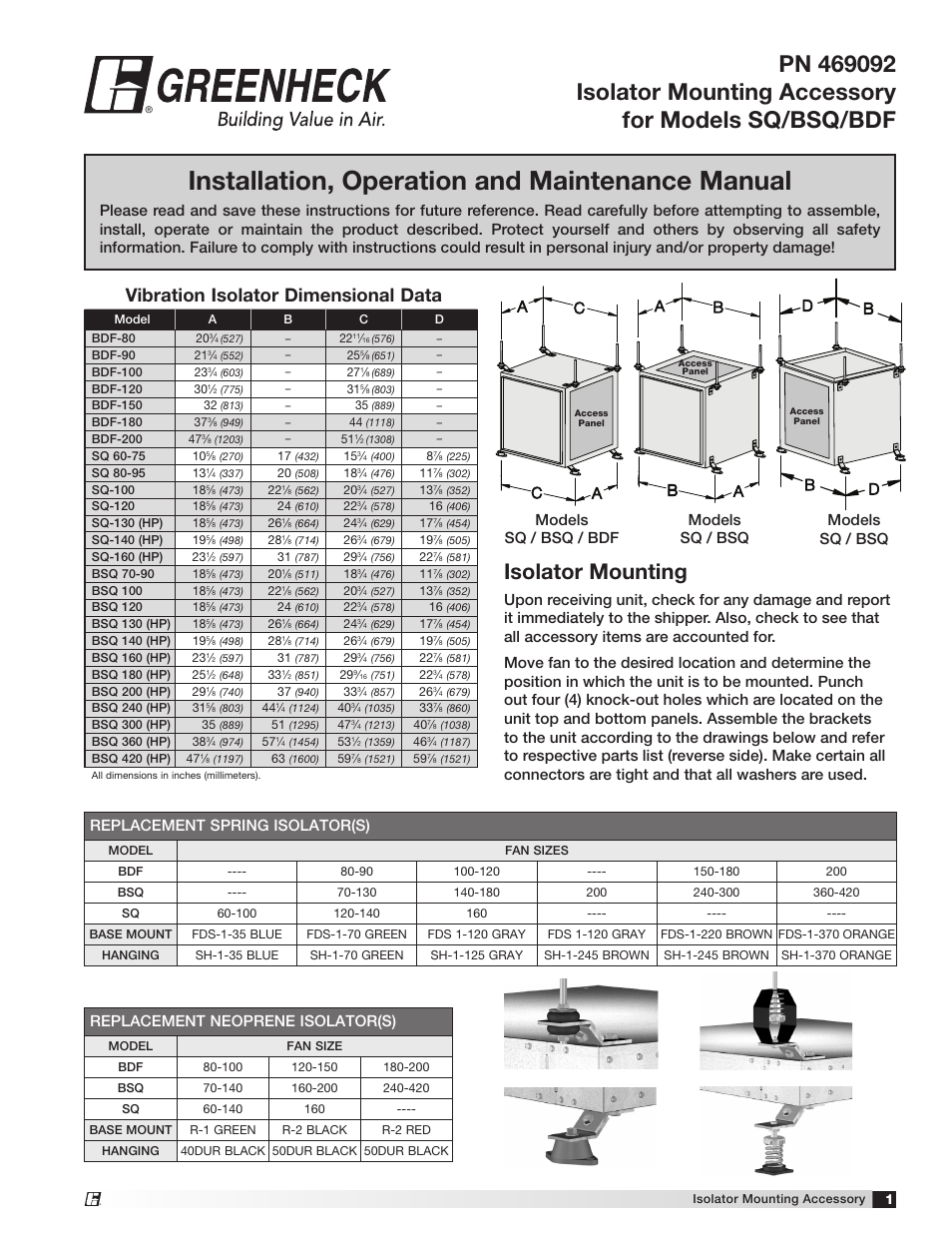 Greenheck Isolator Mounting Assembly for SQ, BSQ, BDF (469092) User Manual | 2 pages