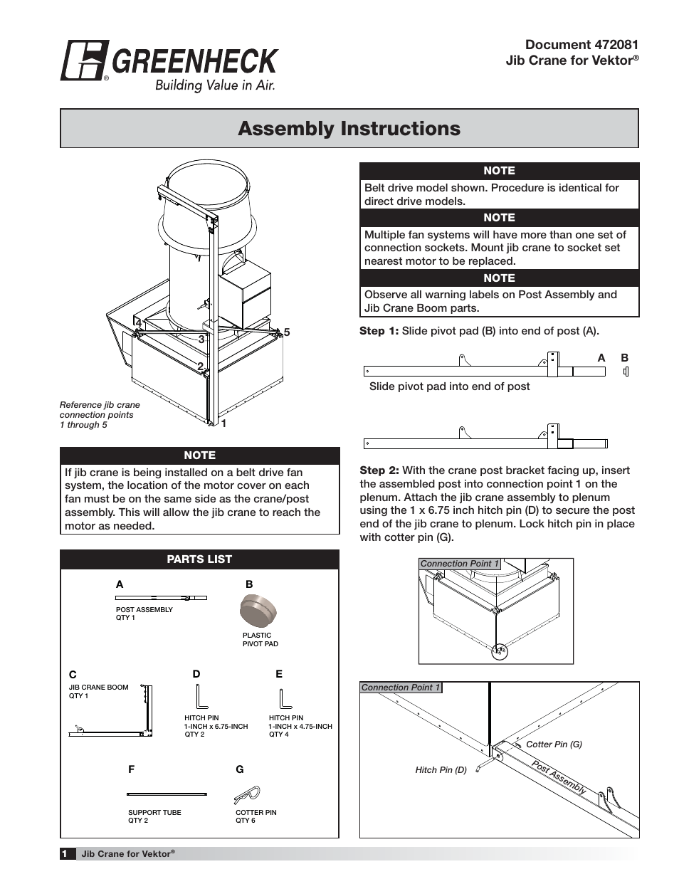 Greenheck Jib Crane Assembly Instructions for Vektor (472081) User Manual | 4 pages