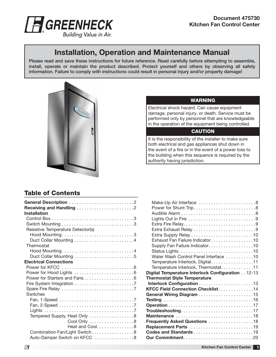 Greenheck Kitchen Fan Control Center (475730) User Manual | 20 pages