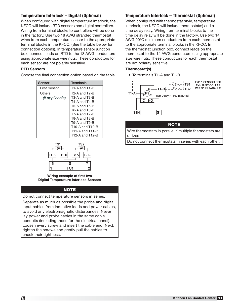 Temperature interlock – digital (optional), Temperature interlock – thermostat (optional) | Greenheck Kitchen Fan Control Center (475730) User Manual | Page 11 / 20