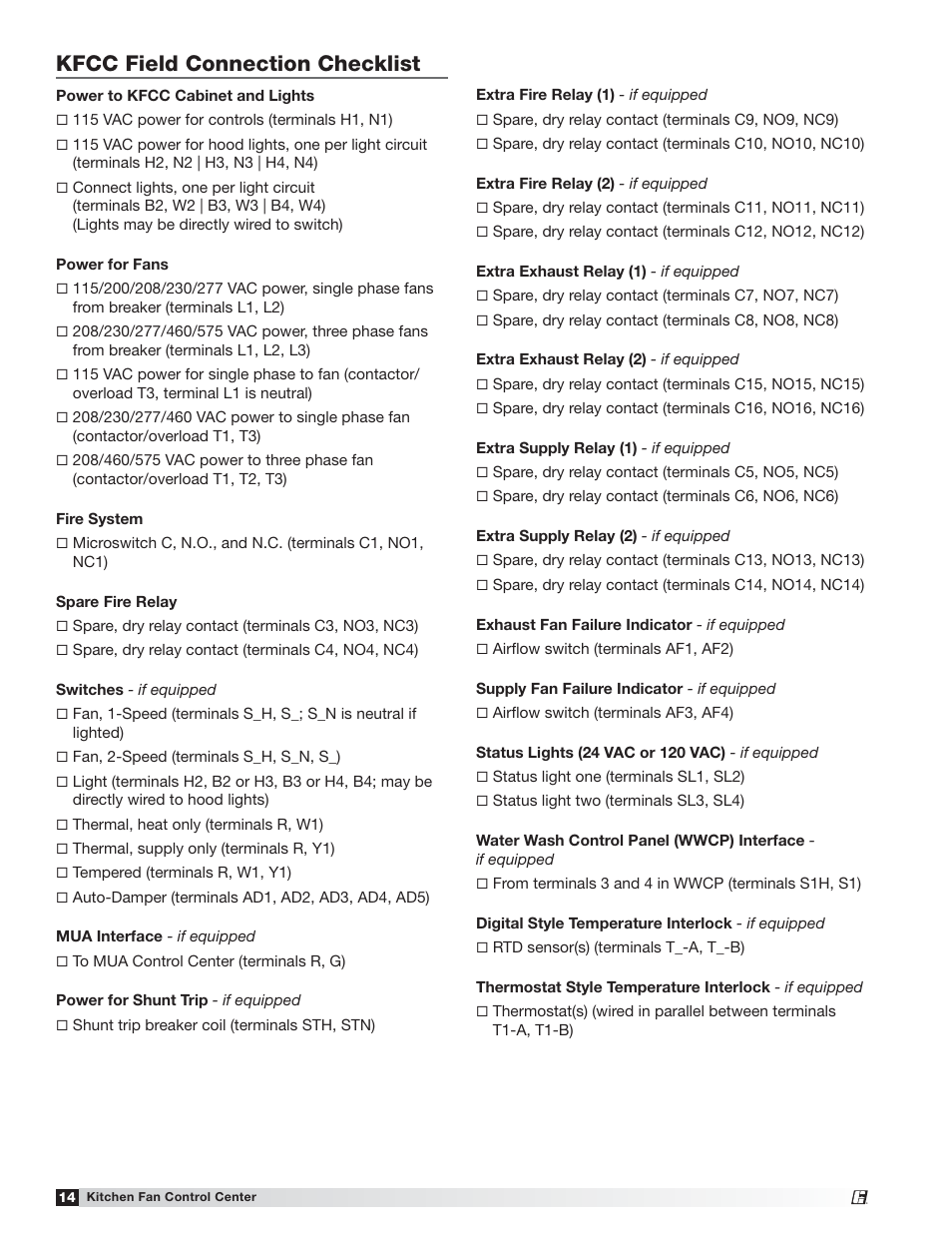 Kfcc field connection checklist | Greenheck Kitchen Fan Control Center (475730) User Manual | Page 14 / 20