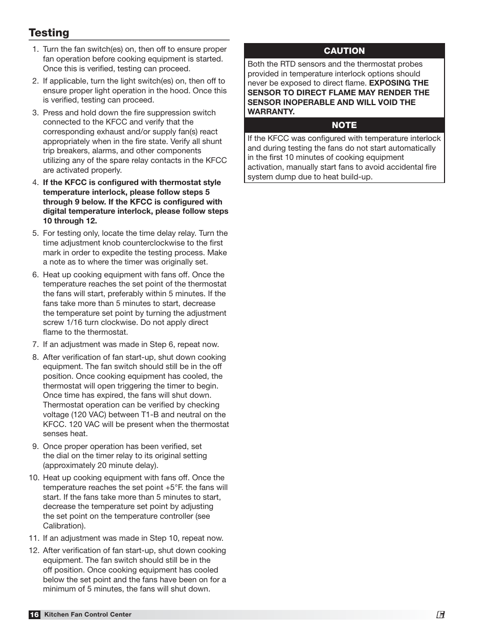 Testing | Greenheck Kitchen Fan Control Center (475730) User Manual | Page 16 / 20