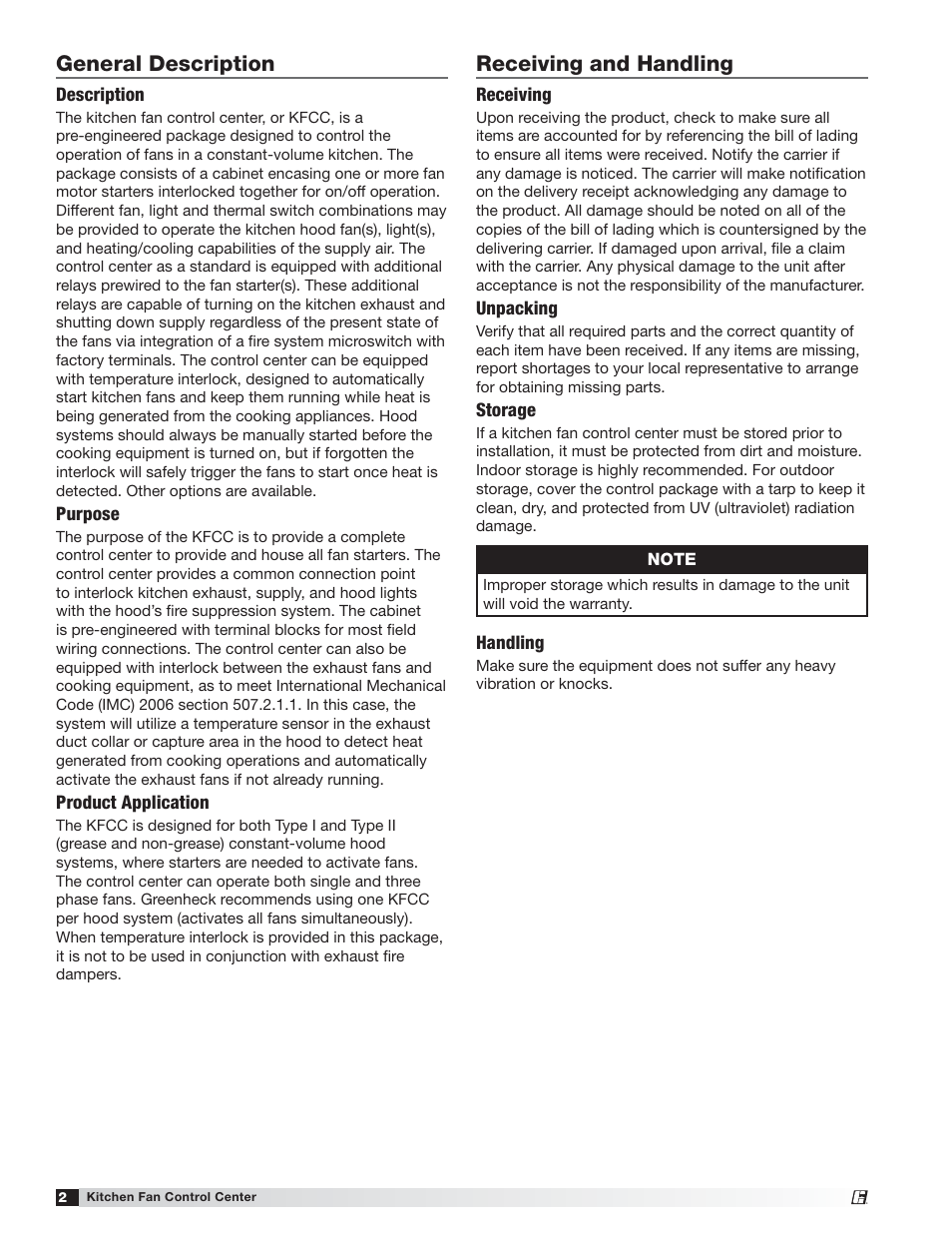 Receiving and handling, General description | Greenheck Kitchen Fan Control Center (475730) User Manual | Page 2 / 20