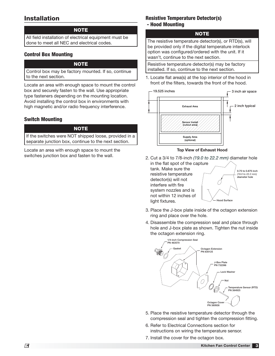 Installation, Control box mounting, Switch mounting | Resistive temperature detector(s) - hood mounting | Greenheck Kitchen Fan Control Center (475730) User Manual | Page 3 / 20