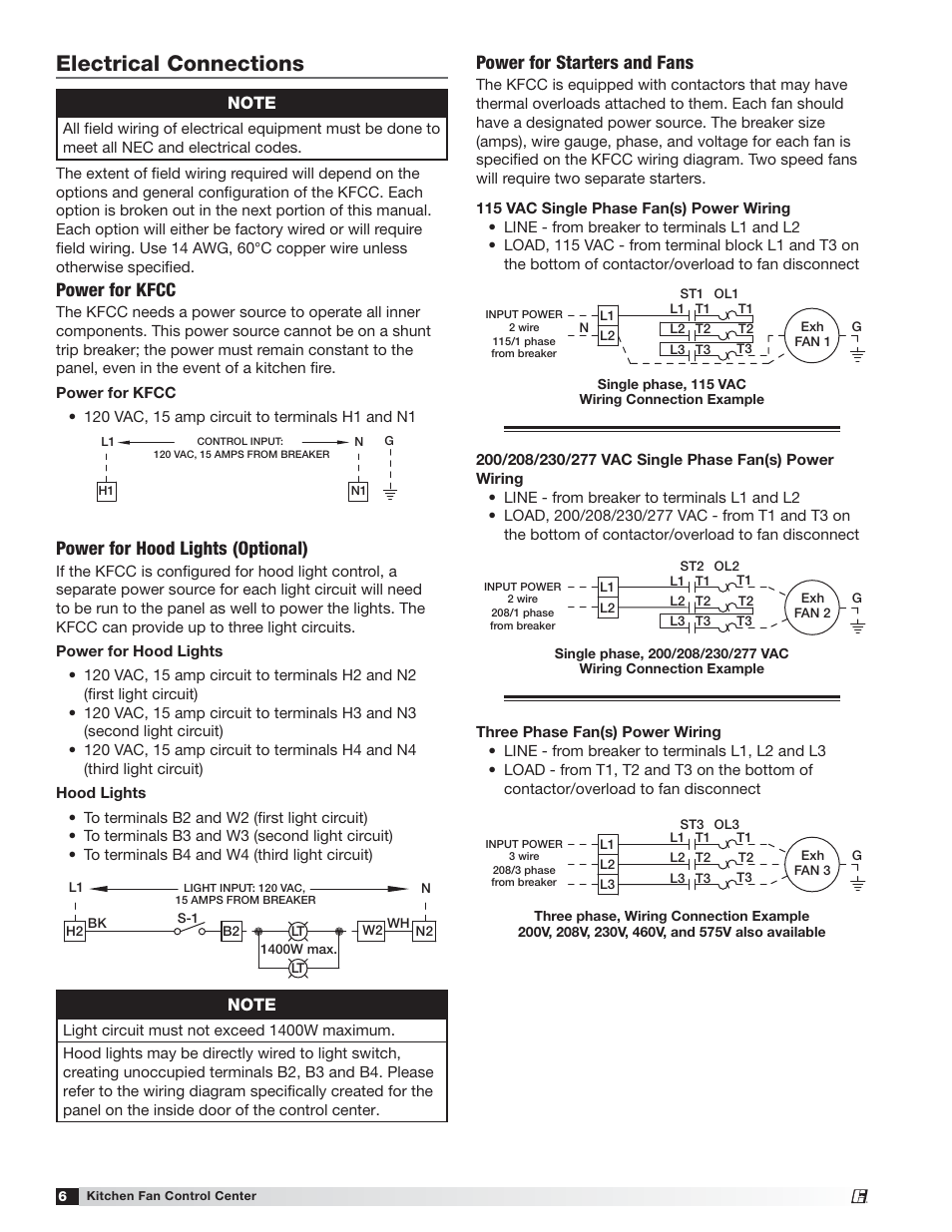 Electrical connections, Power for starters and fans, Power for kfcc | Power for hood lights (optional) | Greenheck Kitchen Fan Control Center (475730) User Manual | Page 6 / 20