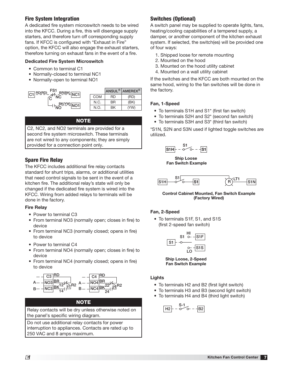 Fire system integration, Spare fire relay, Switches (optional) | Greenheck Kitchen Fan Control Center (475730) User Manual | Page 7 / 20