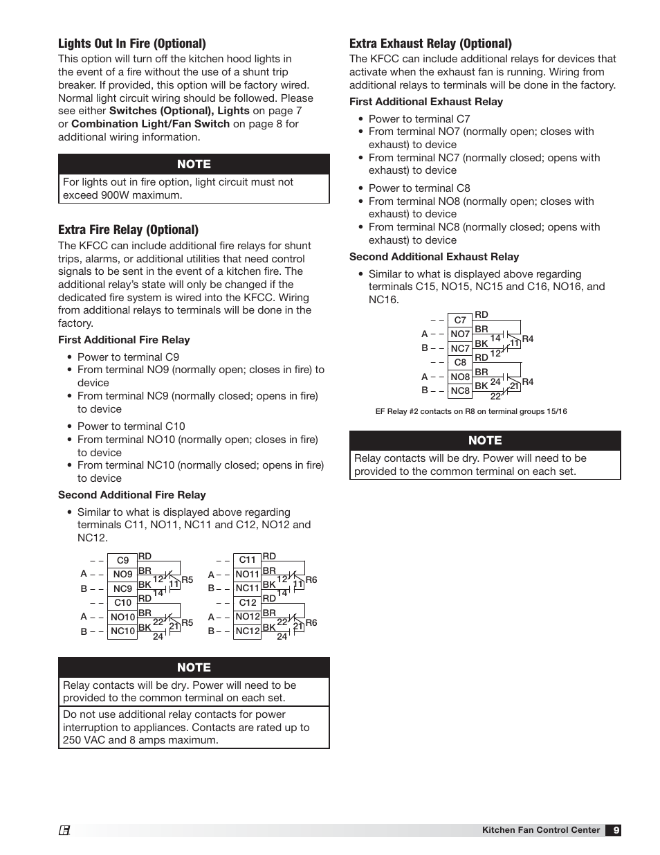 Lights out in fire (optional), Extra fire relay (optional), Extra exhaust relay (optional) | Greenheck Kitchen Fan Control Center (475730) User Manual | Page 9 / 20