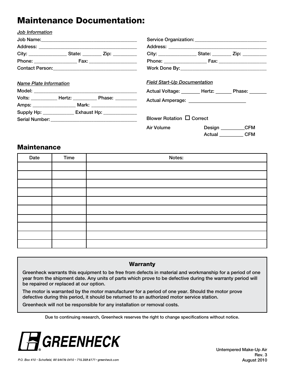 Maintenance documentation, Maintenance | Greenheck KSF (457646) User Manual | Page 12 / 12