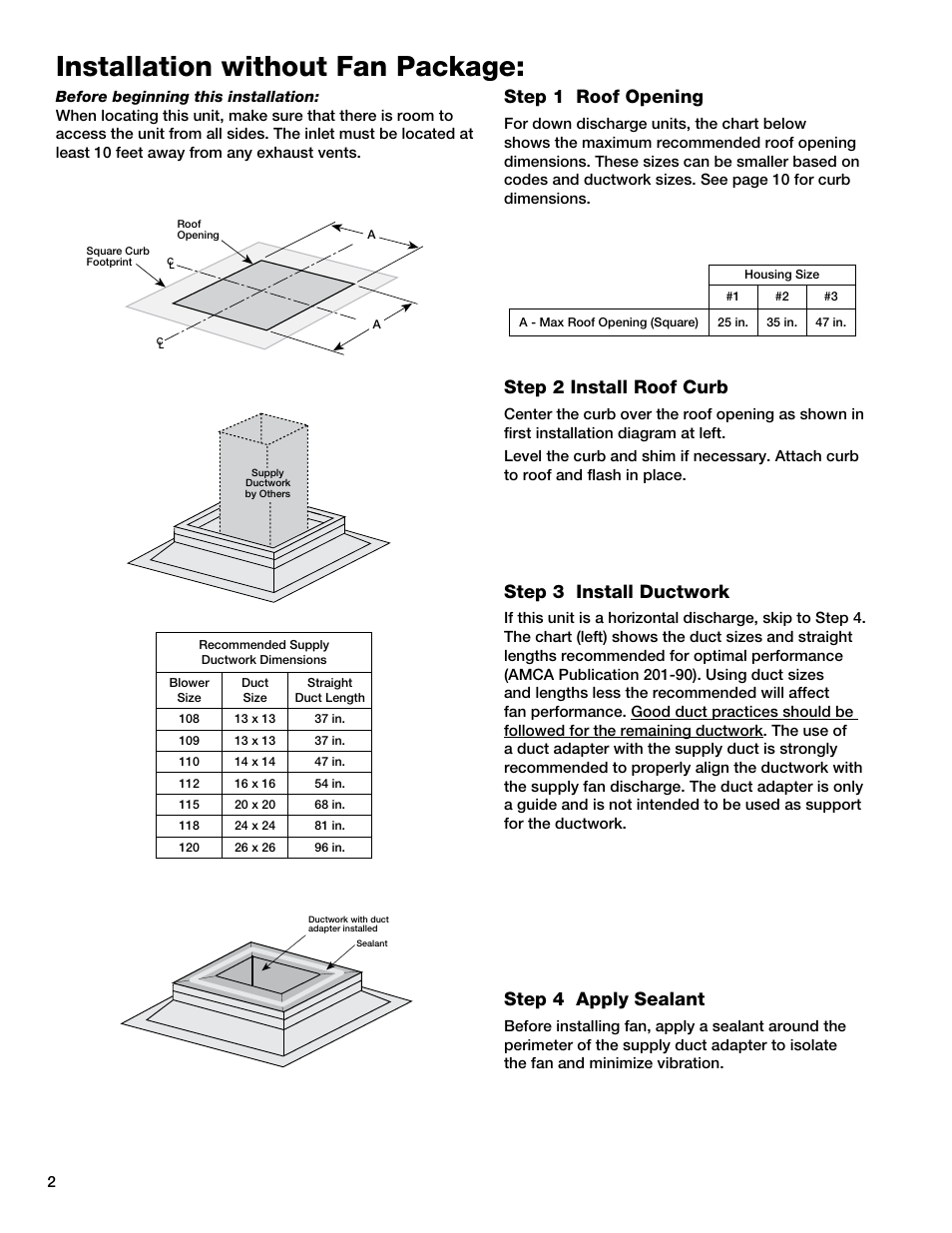 Installation without fan package, Step 1 roof opening, Step 2 install roof curb | Step 3 install ductwork, Step 4 apply sealant | Greenheck KSF (457646) User Manual | Page 2 / 12