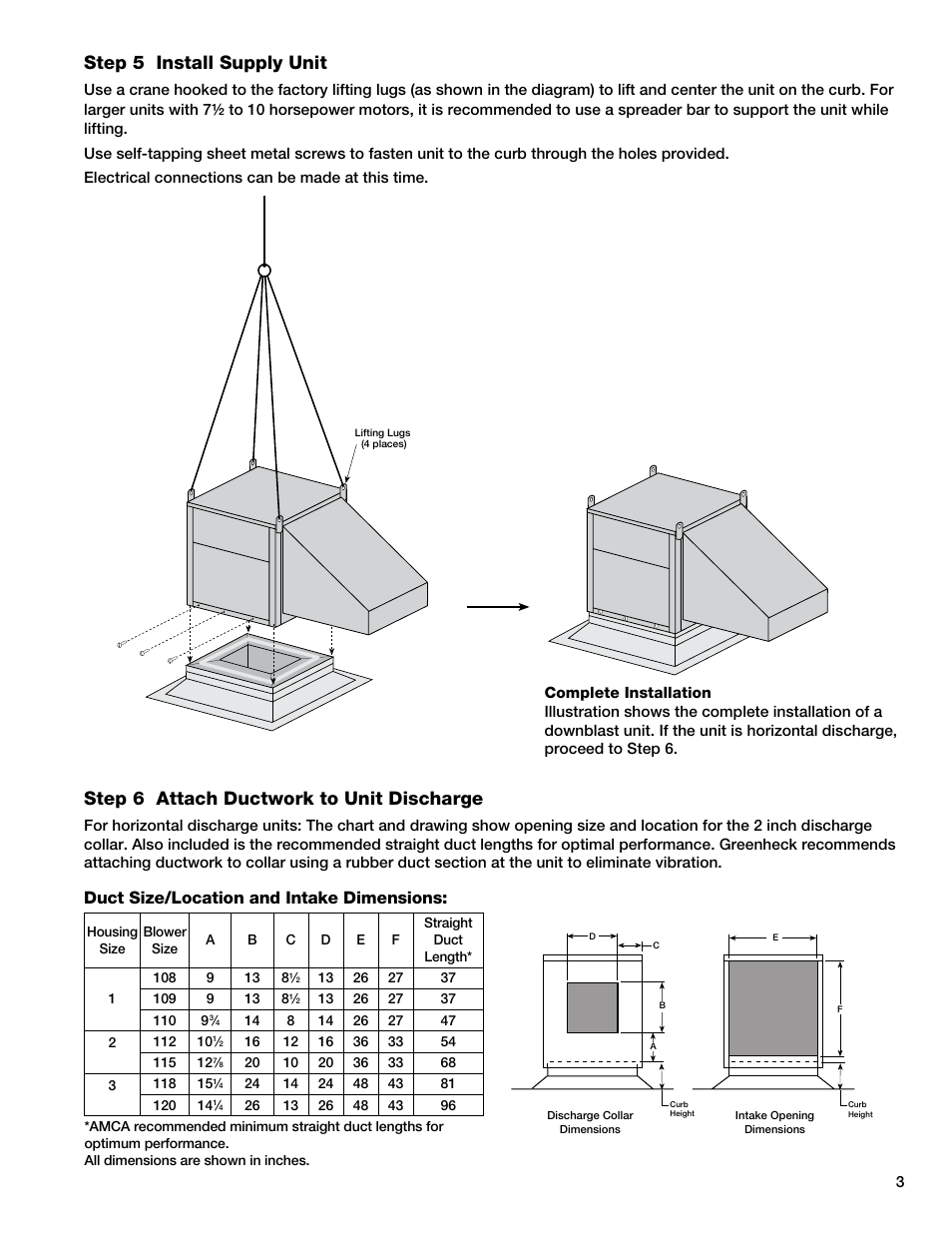 Step 5 install supply unit, Step 6 attach ductwork to unit discharge, Duct size/location and intake dimensions | Greenheck KSF (457646) User Manual | Page 3 / 12