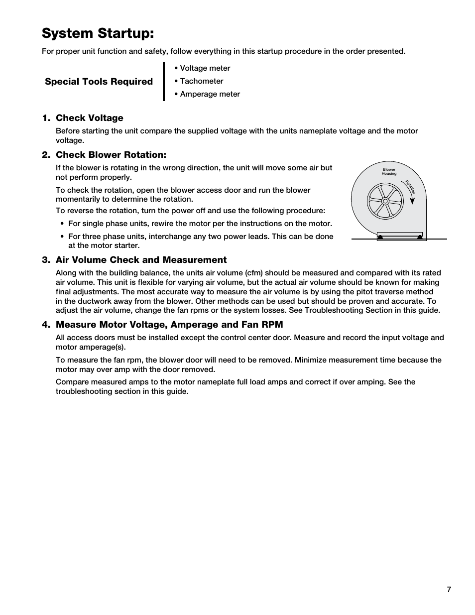 System startup, Check voltage, Check blower rotation | Air volume check and measurement, Measure motor voltage, amperage and fan rpm, Special tools required | Greenheck KSF (457646) User Manual | Page 7 / 12