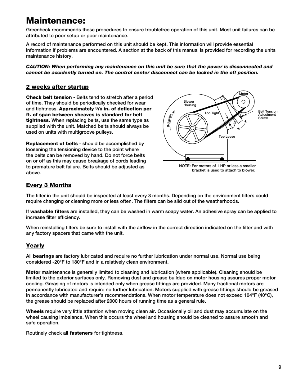 Maintenance, 2 weeks after startup, Every 3 months | Yearly | Greenheck KSF (457646) User Manual | Page 9 / 12