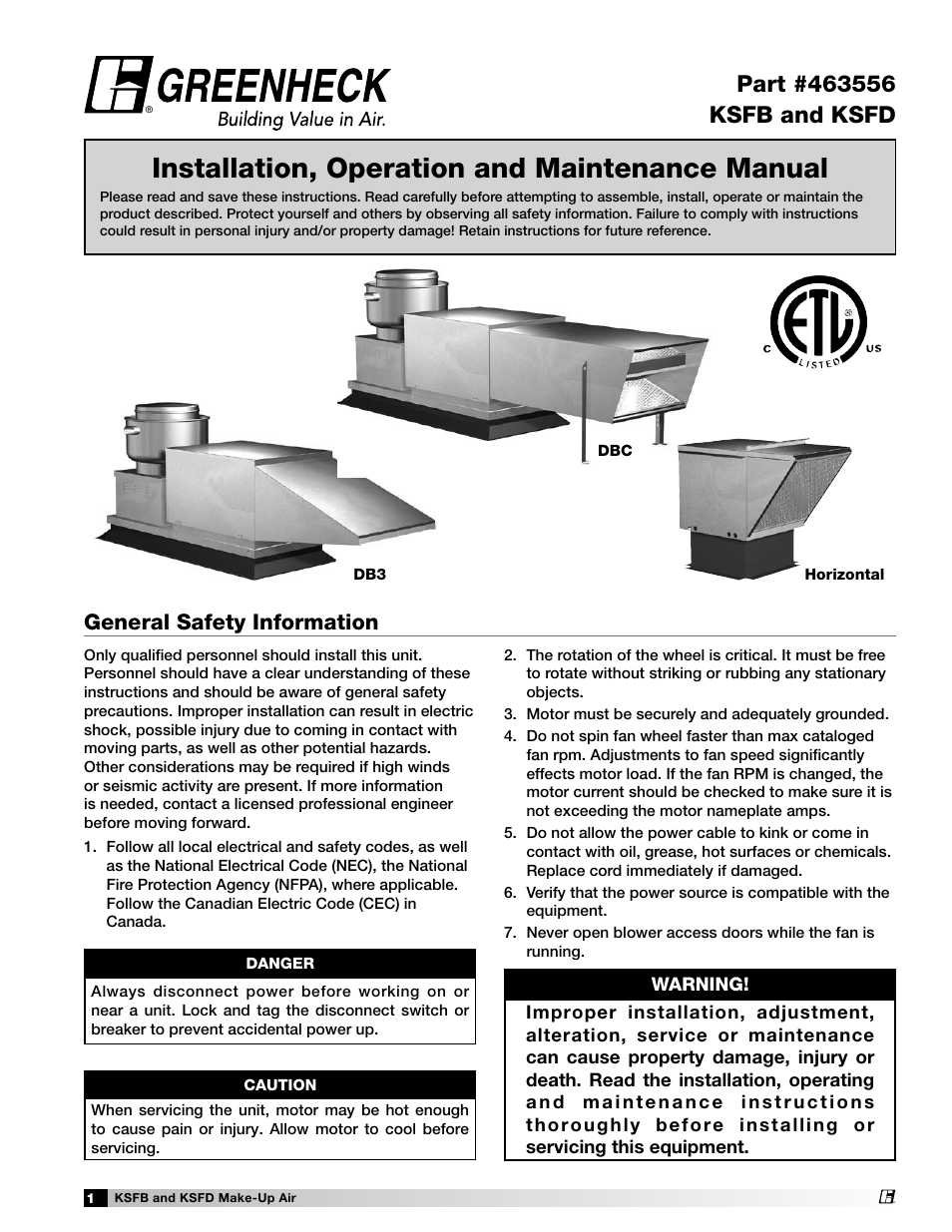 Greenheck KSFB / KSFD (463556) User Manual | 8 pages