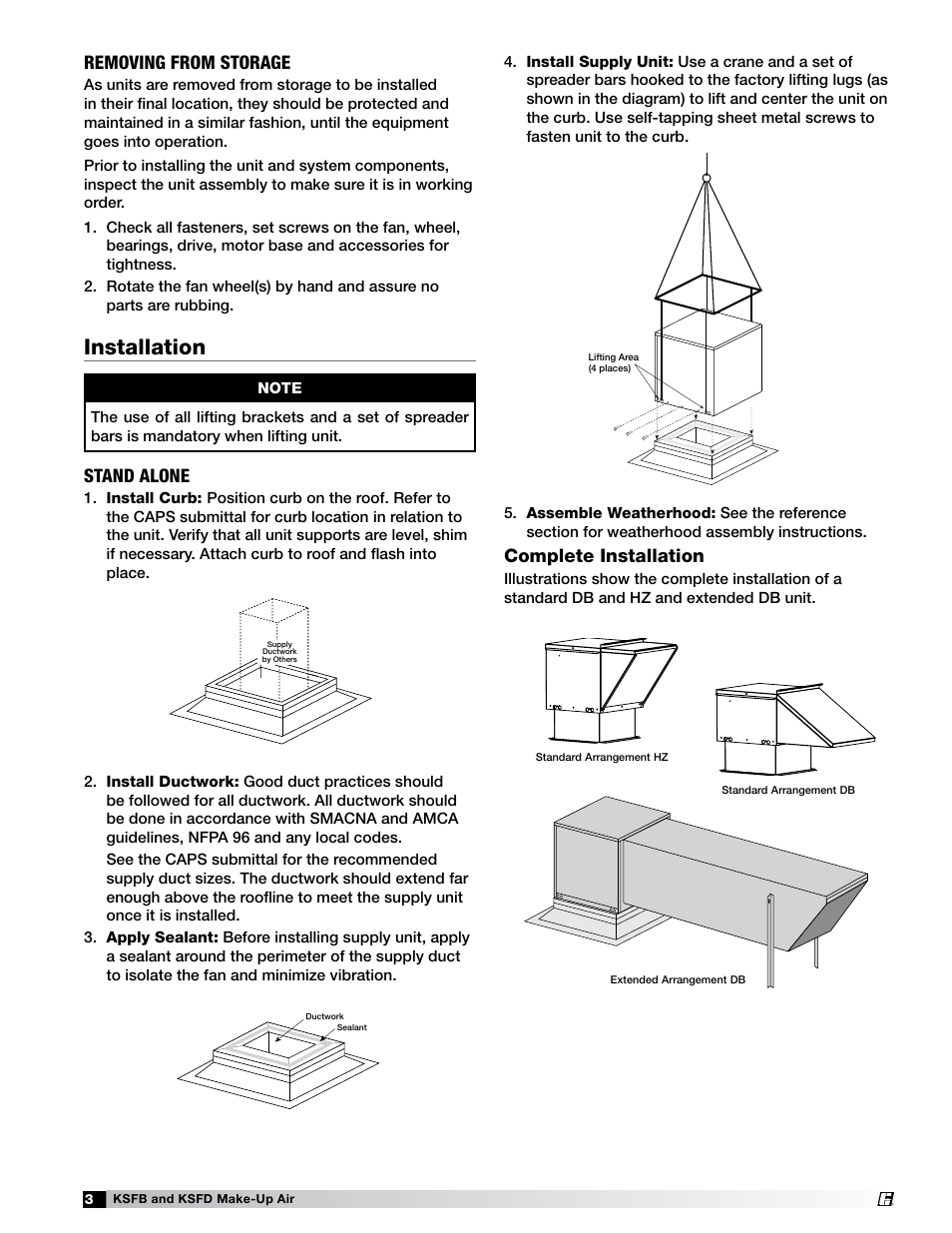 Installation, Removing from storage, Stand alone | Complete installation | Greenheck KSFB / KSFD (463556) User Manual | Page 3 / 8