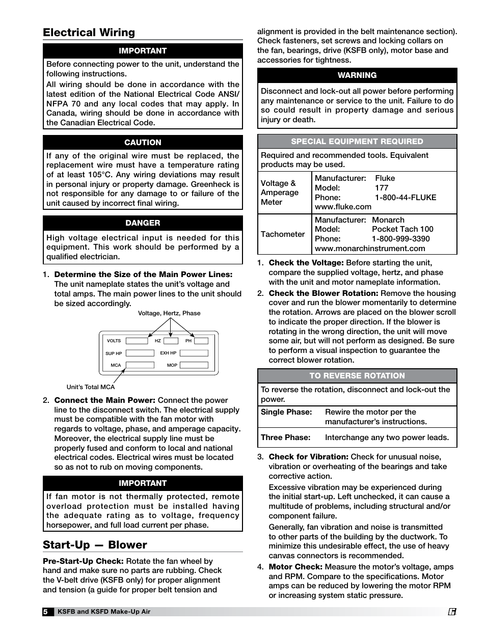 Electrical wiring, Start-up — blower | Greenheck KSFB / KSFD (463556) User Manual | Page 5 / 8
