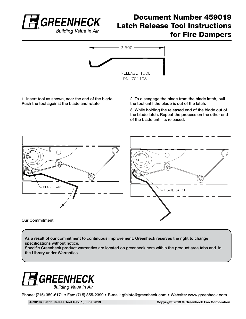 Greenheck Latch Release Tool for Fire Dampers (459019) User Manual | 1 page