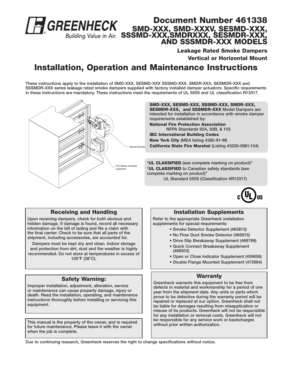 Greenheck Leakage Rated Smoke Dampers - SMD, SMDR, SSSMD Series (461338) User Manual | 4 pages