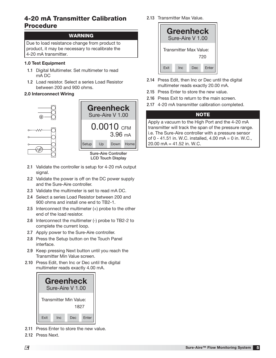 Greenheck, 20 ma transmitter calibration procedure, Sure-aire v 1.00 | Greenheck Low Voltage (24 VAC/ VDC) Sure-Aire Pressure Controller (476092) User Manual | Page 5 / 8