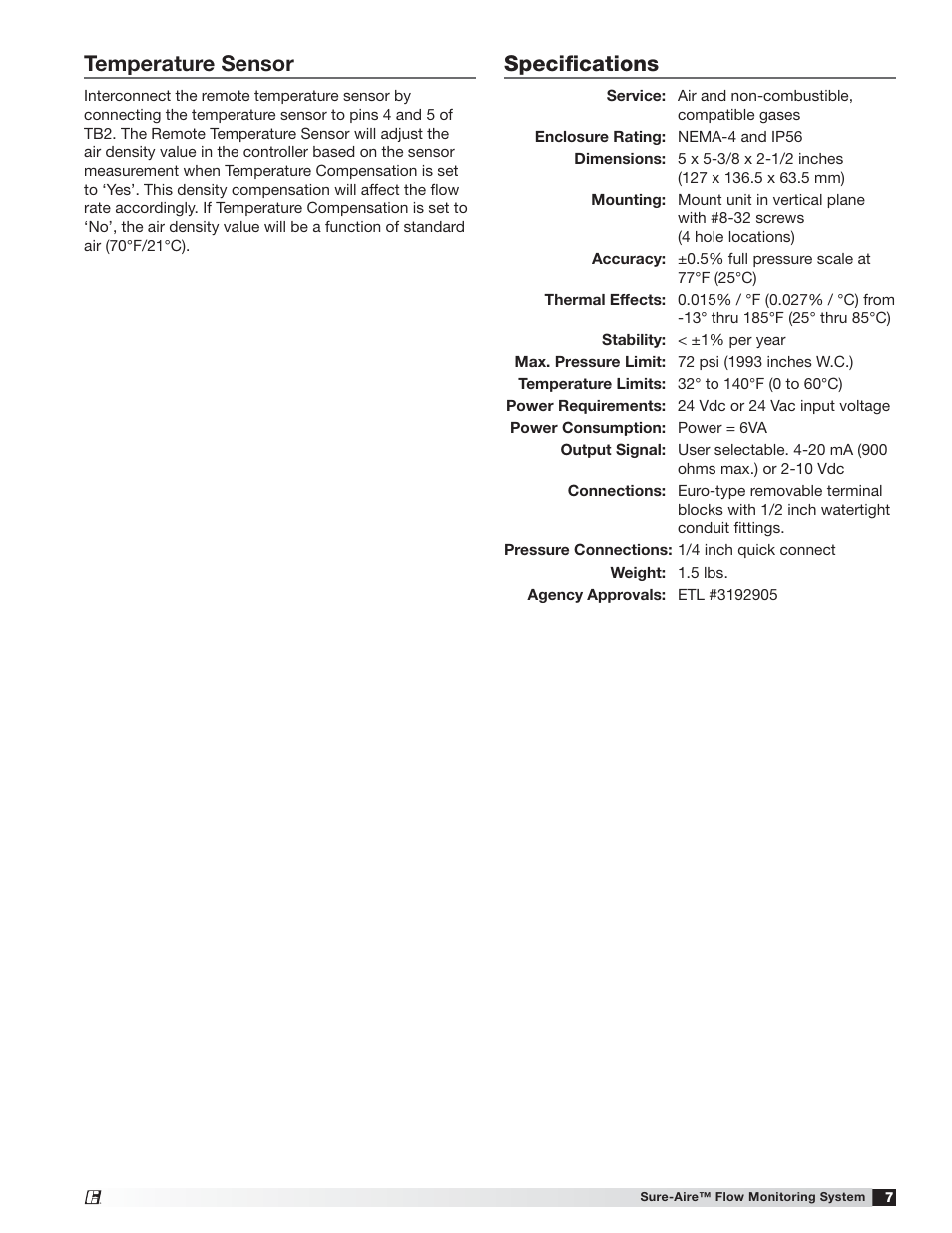 Temperature sensor, Speciﬁcations | Greenheck Low Voltage (24 VAC/ VDC) Sure-Aire Pressure Controller (476092) User Manual | Page 7 / 8