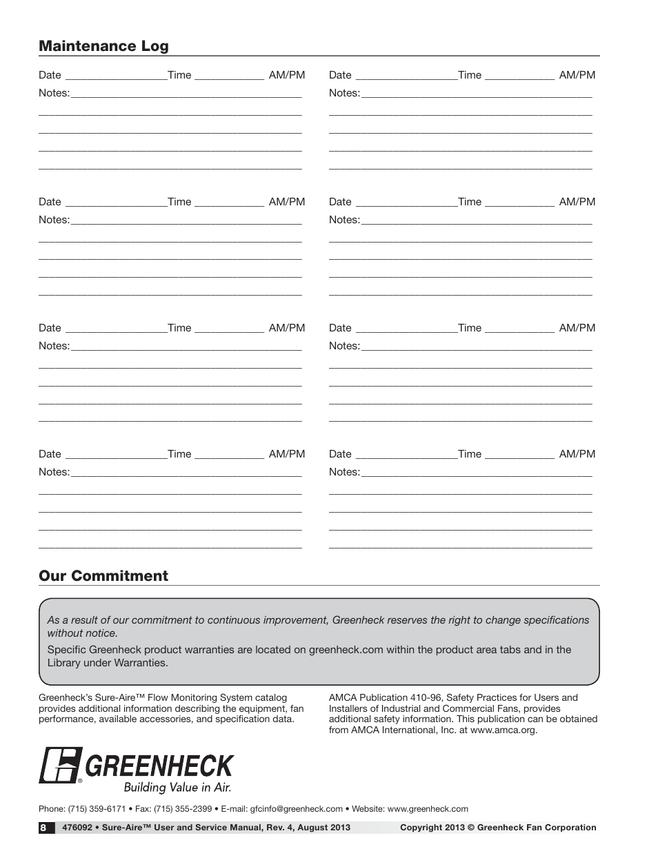 Maintenance log, Our commitment | Greenheck Low Voltage (24 VAC/ VDC) Sure-Aire Pressure Controller (476092) User Manual | Page 8 / 8